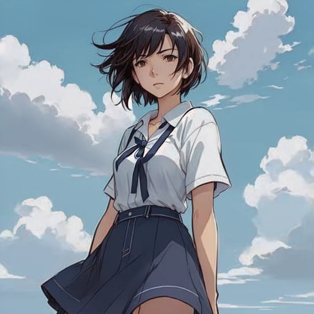 A woman standing in front of a blue sky with clouds, Clean and detailed anime style, Short black hair, Makoto Shinkai&#39;s art style, guweiz on pixiv artstation, Anime visual style, Anime Styleに, Official Fan Art Behance HD, Anime Styleキャラクター, High quality anime art style, Style Anime, Makoto Shinkai style, Anime Style