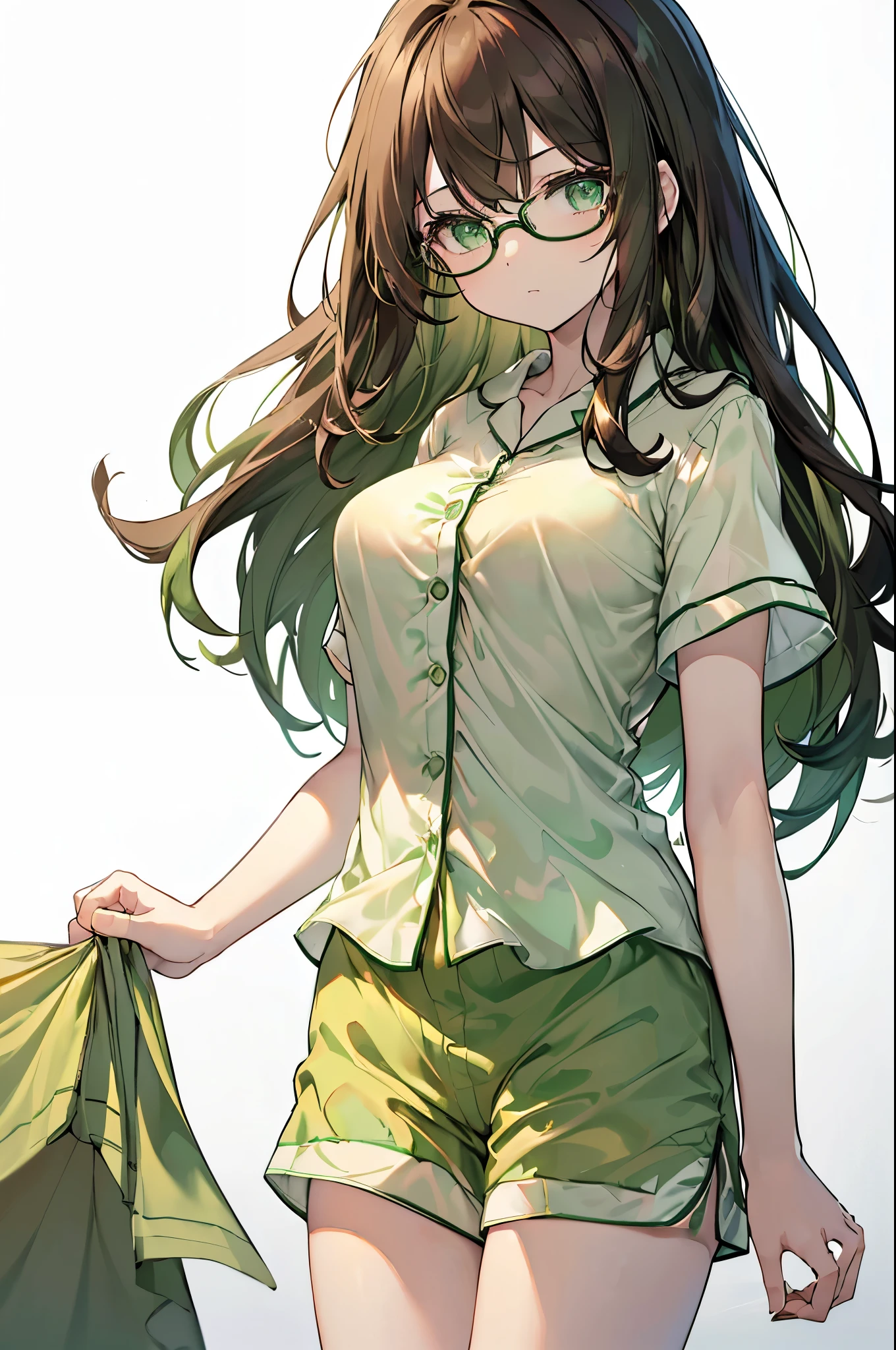 {{masterpiece}}, The best quality of life, 、((Dark brown long hair)) 、 Cute female, (Green Eyes)、Expressionless adult woman、((White background))、tall、One woman with good style、Large Breasts、(((Light green pajamas、Silk short sleeves、shirt、Shorts)))、Thin black-rimmed glasses