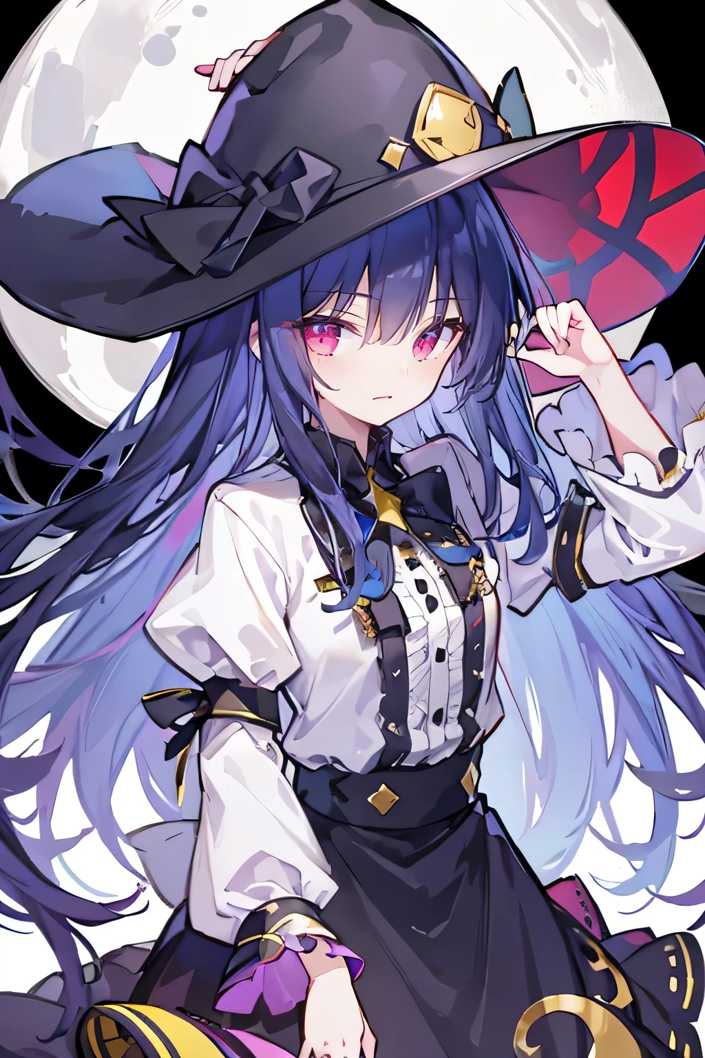oung Girls,Humanity,A magician always smiles,big witch hat,cute,dark blue long hair,The eyes are dull,The bangs are heavy,Thin eyebrows,fantasy,intake,Double teeth,Star Theme,Constellation pattern,Solid color clothetal decoration,cloak,A bit of a dark atmosphere,A little crazy smile,When the big moon shines outside at night,blood,Hair black star embellishment,Short tie,No nails,High waist skirt,Bell sleeves,Long-sleeved shirt,Black tie,low risk,gentlemen。Mist、Yellow and white effect,Shocking pink as an accent color