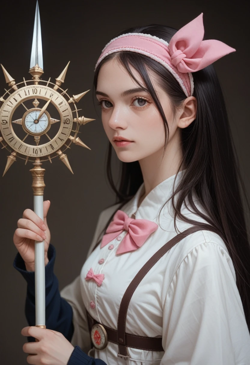 Colaki, surrealist, sauvetage, In the style of Hilma af Klint, une fille aux longs cheveux noirs et raides, pink bow headband, compass on left hand, lance,