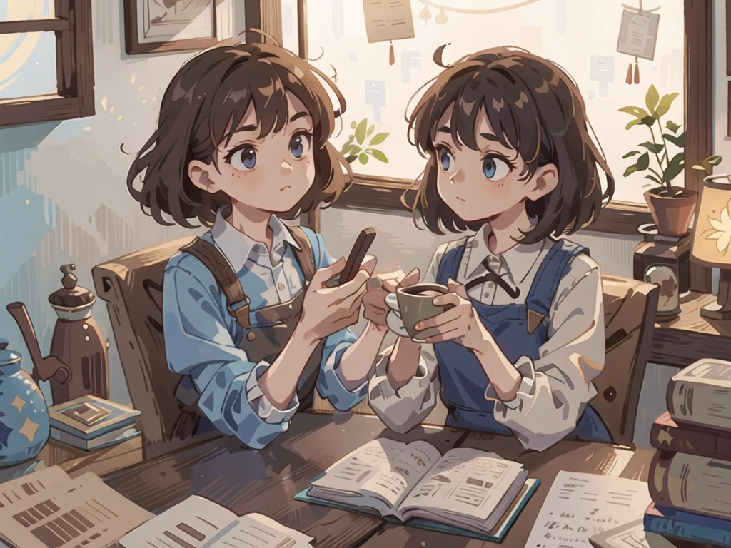best quality, 4K wallpaper, masterpiece, extremely detailed CG unity 8k wallpaper, extremely detailed eyes, ultra-detailed, intricate details, A brown-haired girl, a relaxed atmosphere, a window with a night sky, a cup of coffee, a retro style, countless books