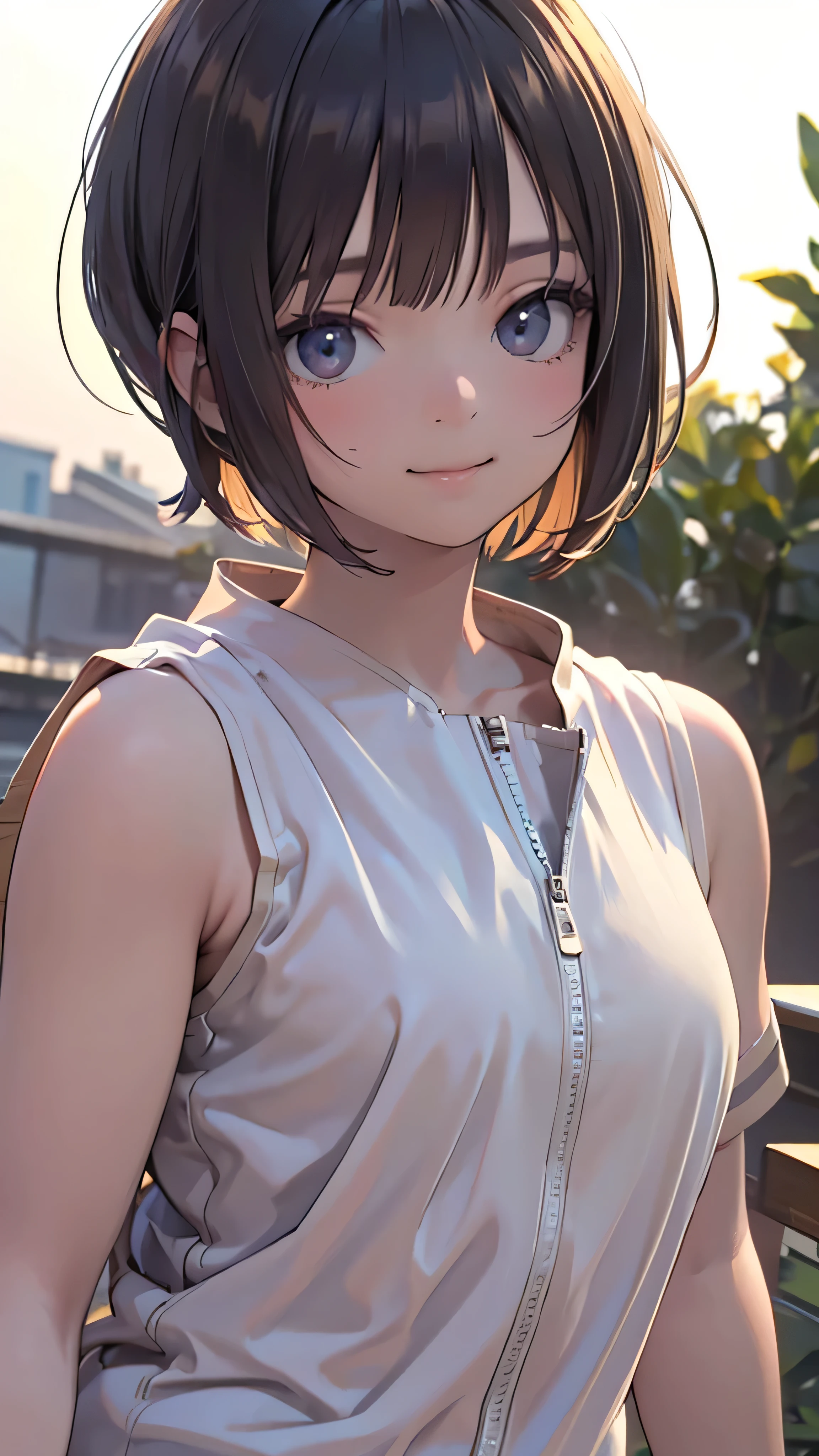 Official Art, wallpaper, Very detailed, (((Very detailedな目と顔))), Realistic portraits, (Highest quality, masterpiece, High resolution), (High resolutionスキン: 1.2), 8K Ultra HD, Backlight, Background Blur, smile, One Girl, Girl in white shirt, Beautiful girl, Attractive and beautiful, Beautiful face and perfect skin, Diffused, Natural skin glow, Attractive and beautiful, Enveloped in golden light, Gorgeous and attractive face, Soft Golden Hour Lighting, natural beauty expressive pose, Soft golden light, Attractive girl, Beautiful girl, Golden Background, 10 years old, Bobcut, Dynamic Angle