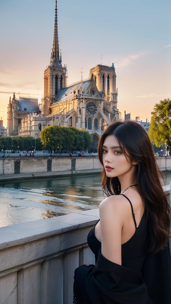 High resolution professional photos of beautiful professional models, Parisian fashion model with Notre Dame in the background, Wear it this season&#39;The hottest fashion trends, High fashion and colorful designs from various designers. That setting: It&#39;s luxurious and modern.., With nature, The bright lights make the colors of the costumes and models stand out even more..&#39;Enchanting presence.