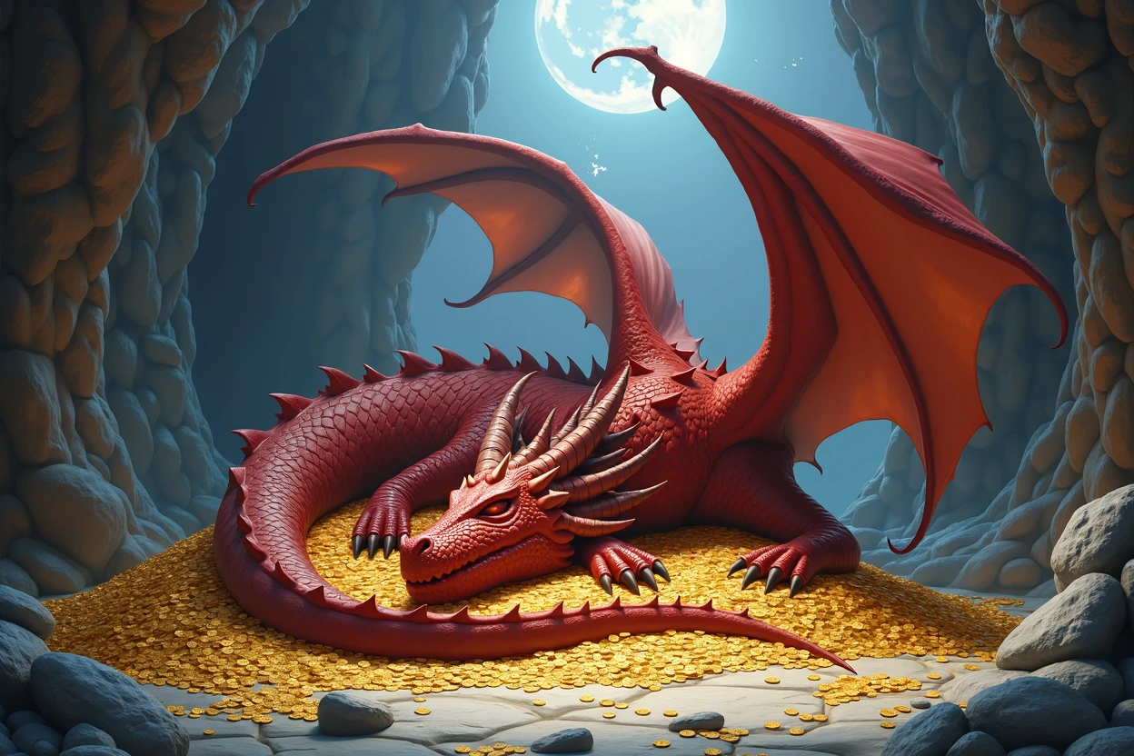 A black swamp dragon with 2 large wings sleeps on a large pile of tiny golden coins in a cave illuminated by moon light, dynamic pose