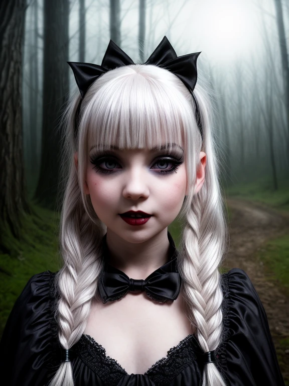 female sexy vampire|albino, pale porcelain skin, sexy vintage black dress, fishnet, (8 years old, ****:1.5), smile, shallow depth of field, grin|creepy, nightfall, detailed face, night, wide hips, narrow waist, portrait of woman standing, detailed eyes, portrait of woman standing, 8k RAW photo, highest quality, looking at the viewer, best shadow, intricate details, white hair, pigtails, cute, bright white eyes, mascara, eyeshadow, gothic makeup, (night:1.4), forest, grave, gothic, goth detailed, highres, high qualilty, high saturation