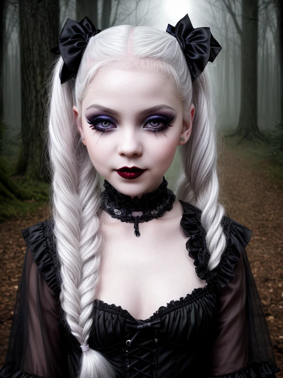 female sexy vampire|albino, pale porcelain skin, sexy vintage black dress, fishnet, (, loli:1.5), e, shallow depth of field, grin|creepy, nightfall, detailed face, night, wide hips, narrow waist, portrait of woman standing, detailed eyes, portrait of woman standing, 8k RAW photo, highest quality, looking at the viewer, best shadow, intricate details, white hair, pigtails, cute, bright white eyes, mascara, eyeshadow, gothic makeup, (night:1.4), forest, grave, gothic, goth detailed, highres, high qualilty, high saturation