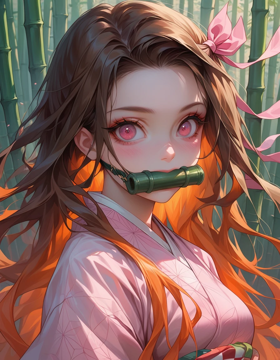 (((masterpiece))), nezuko, 1girl, bamboo, bit gag, brown hair, checkered sash, gag, gagged, gradient hair, hair ribbon, haori, japanese clothes, kimono, long hair, looking at viewer, multicolored hair, orange hair, pink eyes, pink kimono, pink ribbon, ribbon, solo, upper body,
