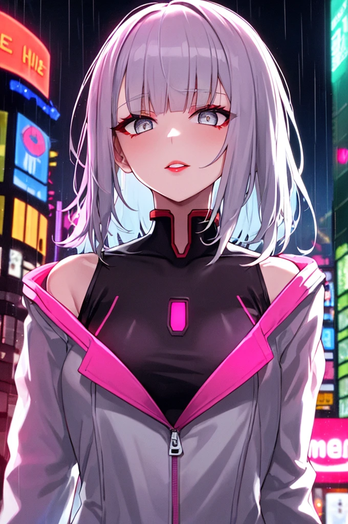 lucy \(cyberpunk\), 1girl,  hair scrunchie, hime cut, silver hair, colored tips, full moon, grey eyes, jacket, long sleeves, looking at viewer, medium hair, multicolored hair, parted bangs, parted lips, pink hair, portrait, red eyeliner, red lips, solo, white jacket, cyberpunk \(series\), rainy night in a cyberpunk city with glowing neon lights

 