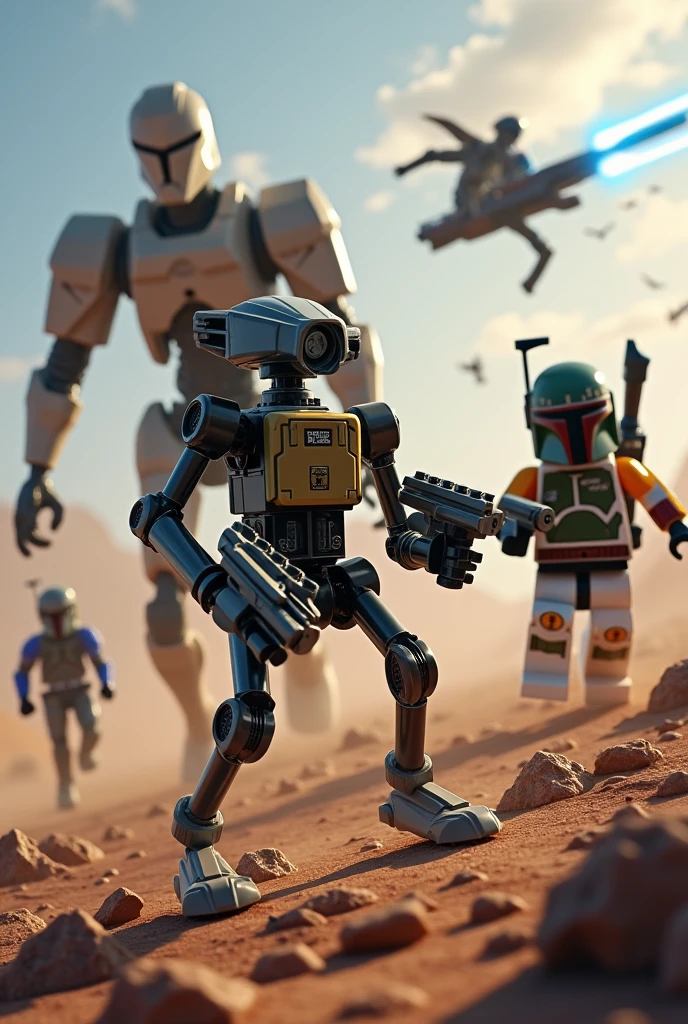 In Lego style On the battlefield among the remains of B-1 battle droids produced by the company "Baktoid combat machines"from Star Wars идёт боевой дроид B-1 производившиеся компанией "Baktoid combat machines" в двух руках у него по световому бластеру за ним бежит Генерал Гривус from Star Wars, навстречу им идёт Клон штурмовик from Star Wars в руках у него световой пулемёт за клоном штурмовиком летит мандалорец бобба Фет from Star Wars в руках у него бластер. In the background, you can see the sound of light weapons and in the distance, Jedi with lightsabers are fighting B-1 battle droids manufactured by the company. "Baktoid combat machines" from Star Wars