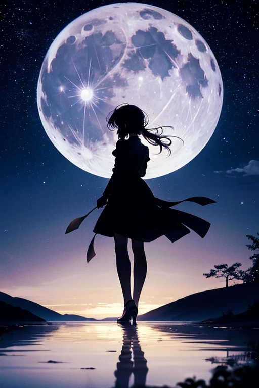 Highest quality,Big moon and shadow,A silhouette of a person can be seen against the backdrop of a large moon.,There is one full moon,There is a mood,Beautiful scenery,Starry Sky