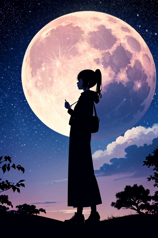 Highest quality,Big moon and shadow,A silhouette of a person can be seen against the backdrop of a large moon.,There is one full moon,There is a mood,Beautiful scenery,Starry Sky