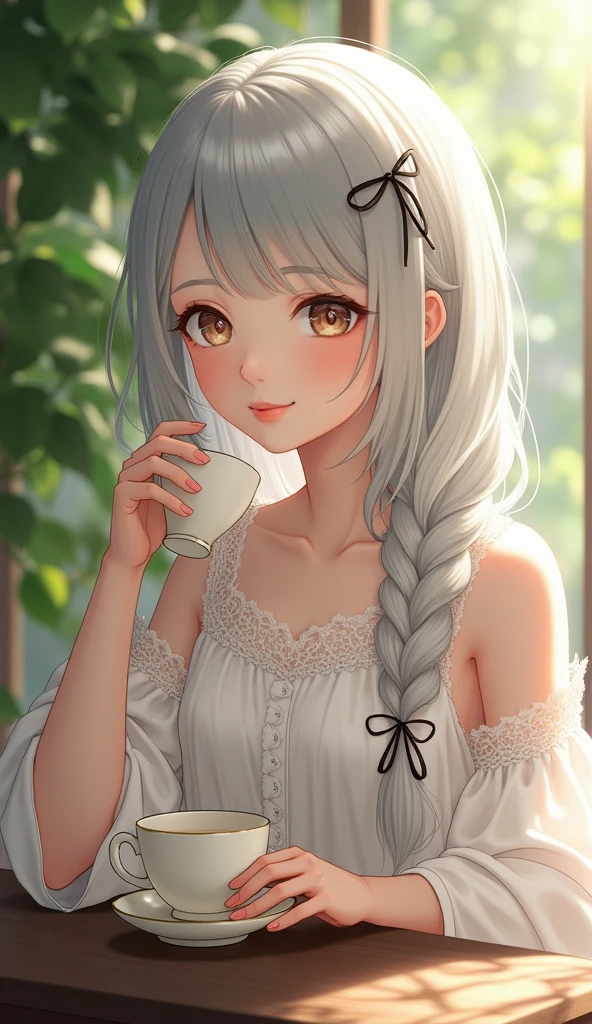 HDR,Ultra HD,8K,best quality,Very detailed的描述,professional,masterpiece,Very detailed,Dynamic Angle,elegant,Gray Hair,Young Girls,8 year-old,Absolutely beautiful,Calm expression,Silky white hair falls down like a waterfall,Decorate with exquisite ribbons,Beautiful posture,Pure charm,A gentle breath,Wearing a delicate white dress,Delicate lace details,Pearl Hairpin,Porcelain skin,Soft rose blush,Innocent shining eyes,Enjoy the tea,Hold the teacup elegantly,A faint smile,balance,Soft elegance,Eternal grace,Calm and quiet,Quiet complexity,Expires,Soft and dreamy atmosphere,Peaceful environment,Subtle sunlight through the leaves,Rustling leaves,natural whiss,Exquisite tea set on the table,Aromatic tea aroma,Classical background music,whiss,Beautiful background,Eternal beauty,elegant personification,worldly whiss,Charming tea plantations,Tasteful décor,Quiet and peaceful environment,Gentle scene,calm whiss,