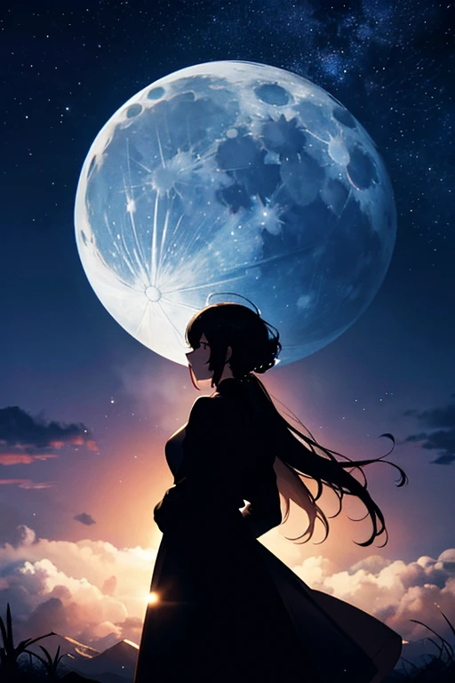 Highest quality,Big moon and shadow,A silhouette of a person can be seen against the backdrop of a large moon.,There is one full moon,There is a mood,Beautiful scenery,Starry Sky
