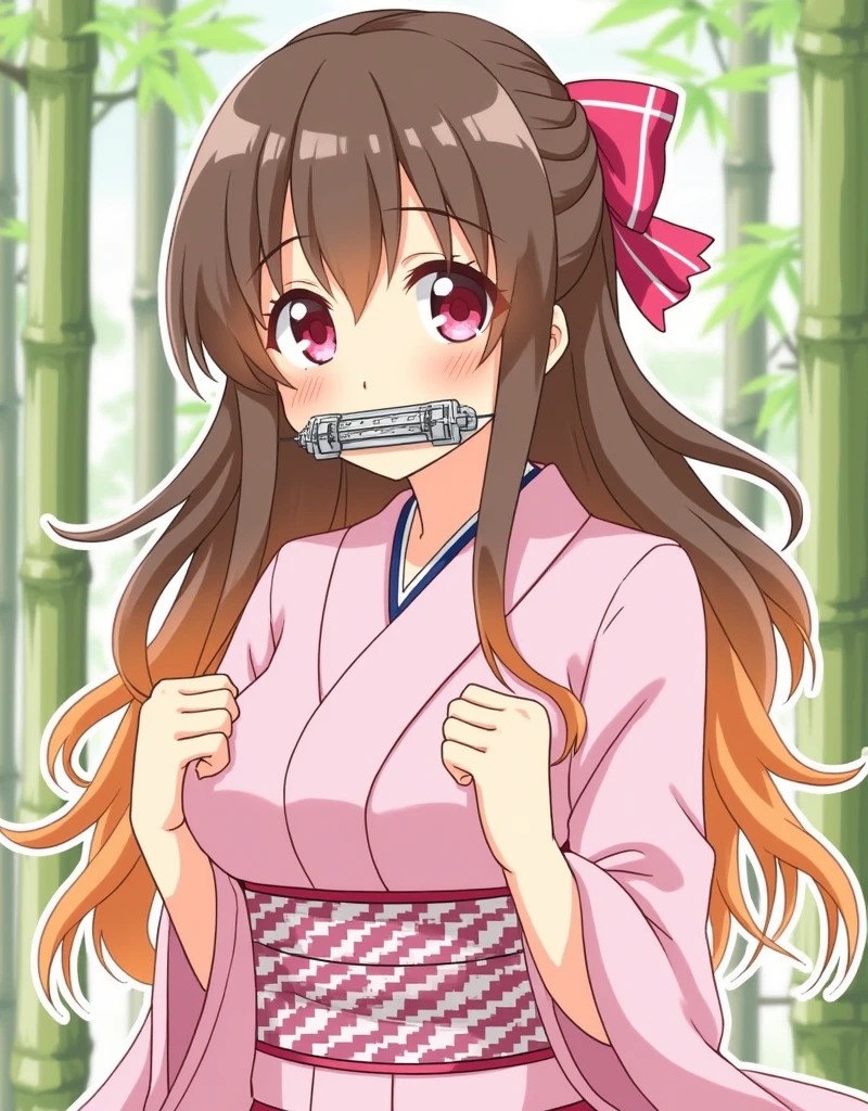 (((masterpiece))), nezuko, realistic anime art style, 1girl, bamboo, bit gag, brown hair, checkered sash, gag, gagged, gradient hair, hair ribbon, haori, japanese clothes, kimono, long hair, looking at viewer, multicolored hair, orange hair, pink eyes, pink kimono, pink ribbon, ribbon, solo, upper body,