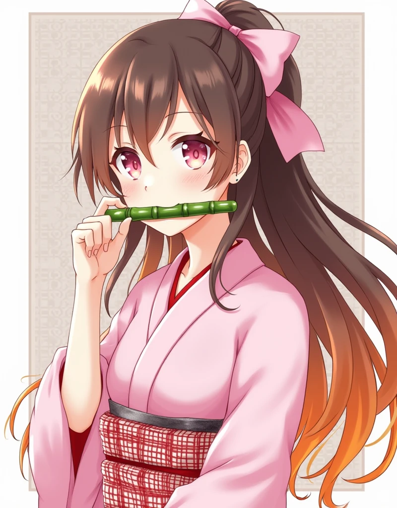 (((masterpiece))), nezuko, realistic anime art style, 1girl, bamboo, bit gag, brown hair, checkered sash, gag, gagged, gradient hair, hair ribbon, haori, japanese clothes, kimono, long hair, looking at viewer, multicolored hair, orange hair, pink eyes, pink kimono, pink ribbon, ribbon, solo, upper body,