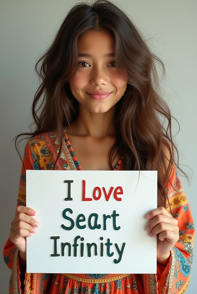 Beautiful girl with wavy long hair, bohemian dress, holding a white board with text "I Love Seaart Infinity" and showing it to the viewer