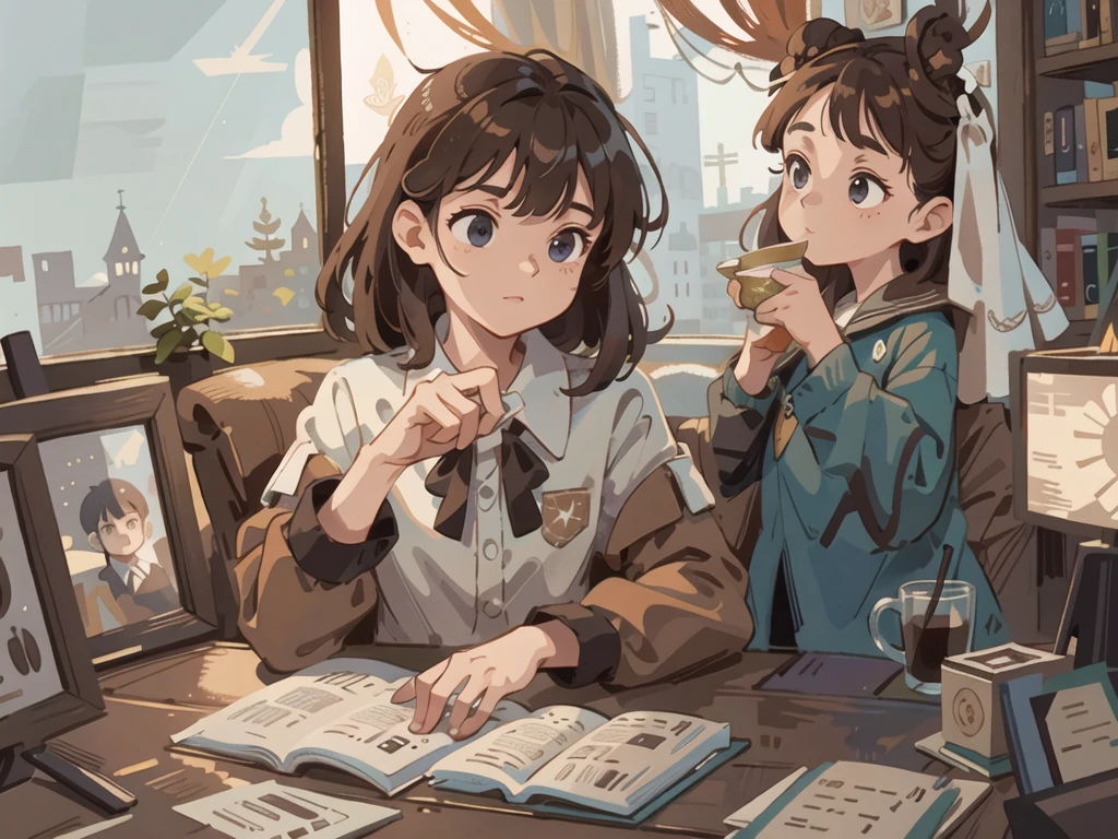 best quality, 4K wallpaper, masterpiece, extremely detailed CG unity 8k wallpaper, extremely detailed eyes, ultra-detailed, intricate details, A brown-haired girl, a relaxed atmosphere, a window with a night sky, a cup of coffee, a retro style, countless books