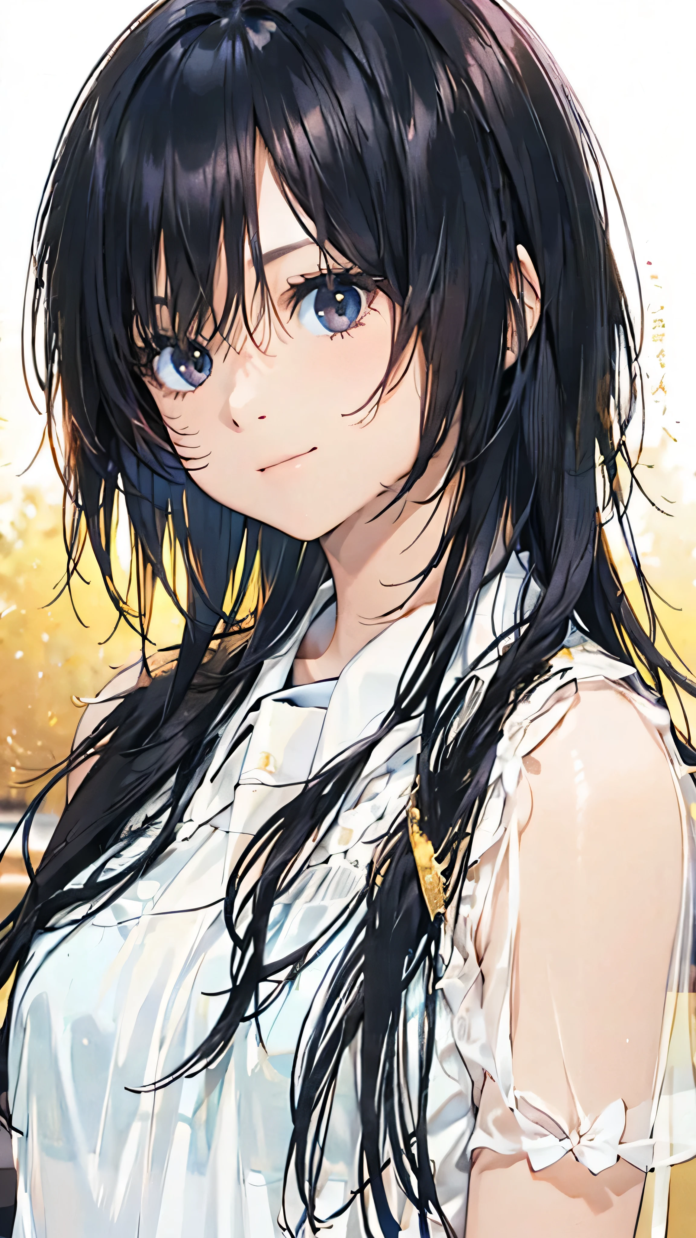 Official Art, wallpaper, Very detailed, (((Very detailedな目と顔))), Realistic portraits, (Highest quality, masterpiece, High resolution), (High resolutionスキン: 1.2), 8K Ultra HD, Backlight, Background Blur, smile, One Woman, a woman in a white shirt, Beautiful woman, Attractive beautiful face, Beautiful face and perfect skin, Diffused, Natural skin glow, Attractive and beautiful, Enveloped in golden light, Gorgeous and attractive, Soft Golden Hour Lighting, natural beauty expressive pose, Soft golden light, Attractive girl, Golden Background, Dynamic Angle