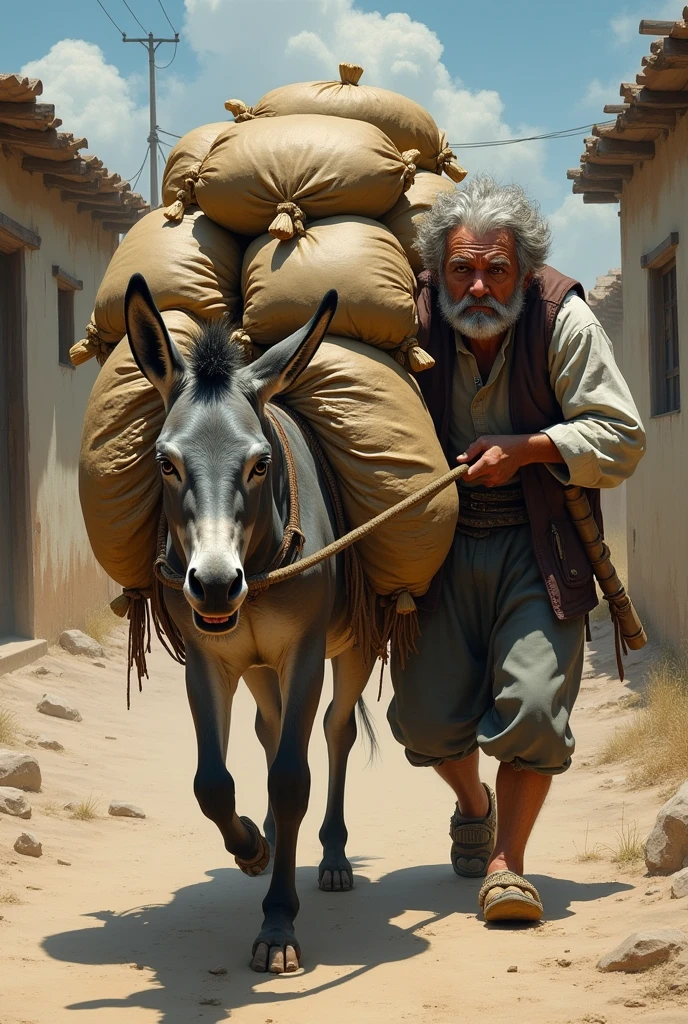 The weak donkey is now burdened with a heavy load of bags and baskets, struggling to stand. The cruel owner, a rugged man in worn-out clothes, is harshly pulling the donkey's rope. The same dusty road and small house are in the background, with the bright sun overhead.