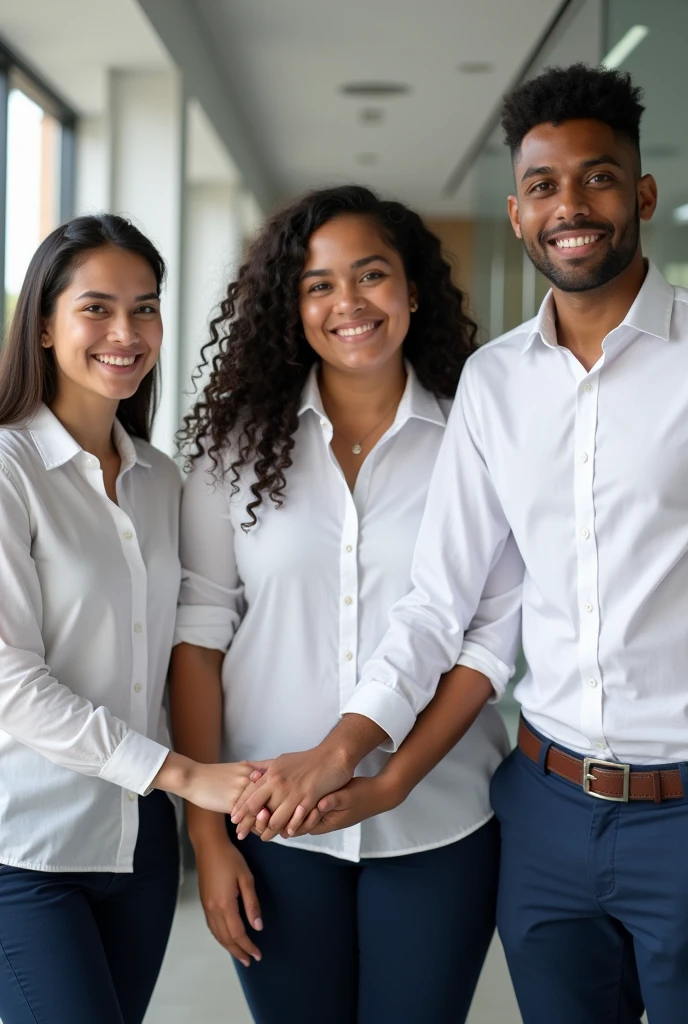 -A slightly fat girl, like a Filipino. -A brown skin girl, fairly long braided hair, quite sexy -A thin Vietnamese girl. -A boy with brown skin, short hair, tall and smiling. - A light-skinned, short-haired, fairly fat Mexican boy These 5 people are dressed in white shirts and navy blue pants. They are in an office, Happy multi-ethnic team people holding hands standing in row