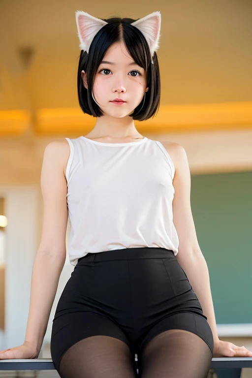 masterpiece, Bokeh, (Cat ear:1.4), Sitting on the beach at sunset, Looking at the audience, office lady, pantyhose,(masterpiece, Highest quality, It captures such a cute moment, Written boundary depth, Very detailed, Ultra-high resolution, C4D, Octadale, 3D Modeling,Realistic human photos、 8k, 16K, One Girl,, 、Small breasts,Black Hair,short hair,Straight hair,Light brown eyes,Cute Face), Bloomers, Black tank top, zettai ryouiki, Wet clothes,Classroom Nights,moonlight, Good elevator, Take off、Real skin、Not anime、Realistic、