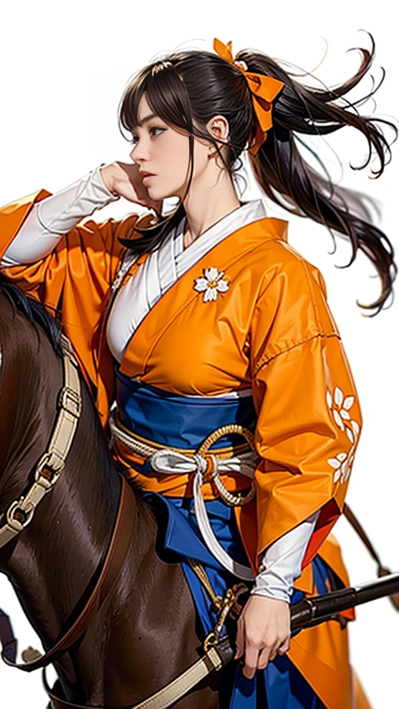 Only One Woman,Beautiful woman with ribbon、((Pure white background))、(ride a horse), (Pull the string to its limit) , (Orange kimono) , Chest protector,head band, Long black hair, (Masterpiece Top quality:1.2) Delicate illustrations, Very detailed, (Galloping horses), (Realistic Horses) , Pasture, Japan, noon