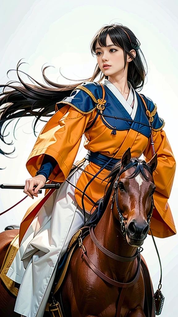 Only One Woman,Beautiful woman with ribbon、((Pure white background))、（ride a horse), (Pull the string to its limit) , (Orange kimono) , Chest protector,head band, Long black hair, (Masterpiece Top quality:1.2) Delicate illustrations, Very detailed, (Galloping horses), (Realistic Horses) , Pasture, Japan, noon