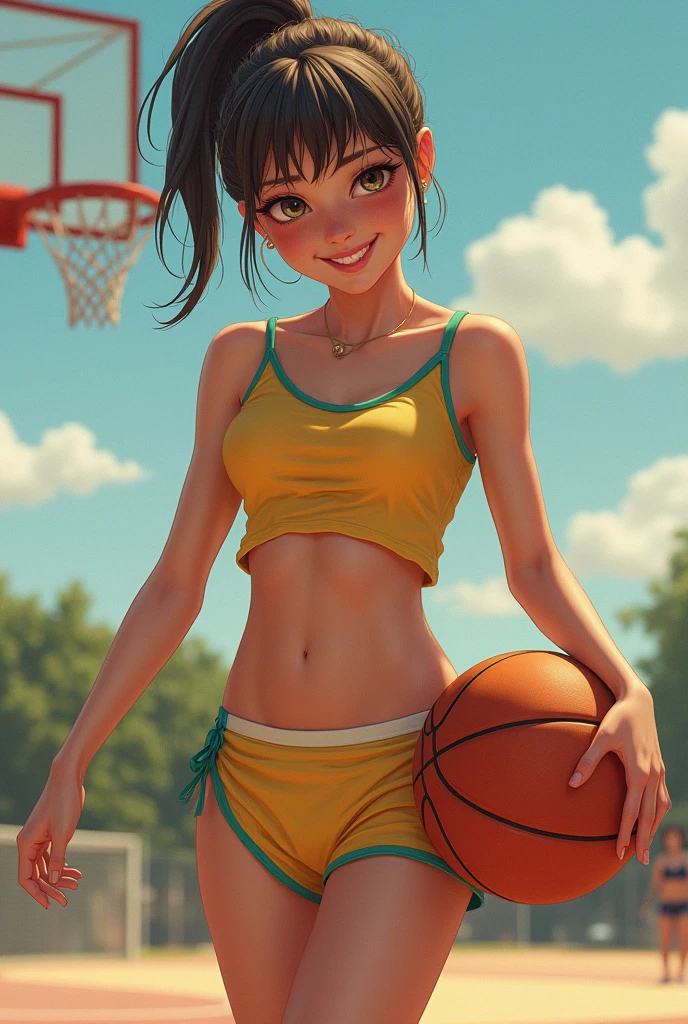 Girl playing basketball, no pantie, short dress