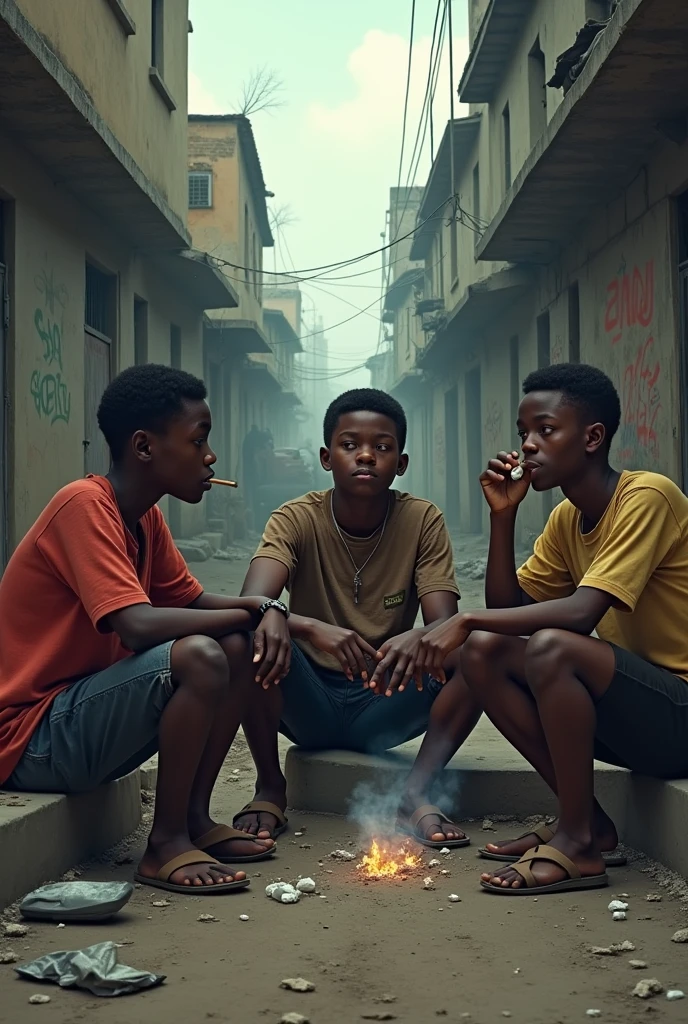 African youth taking drugs and smoking down in a slum area called kamiya with his friends
