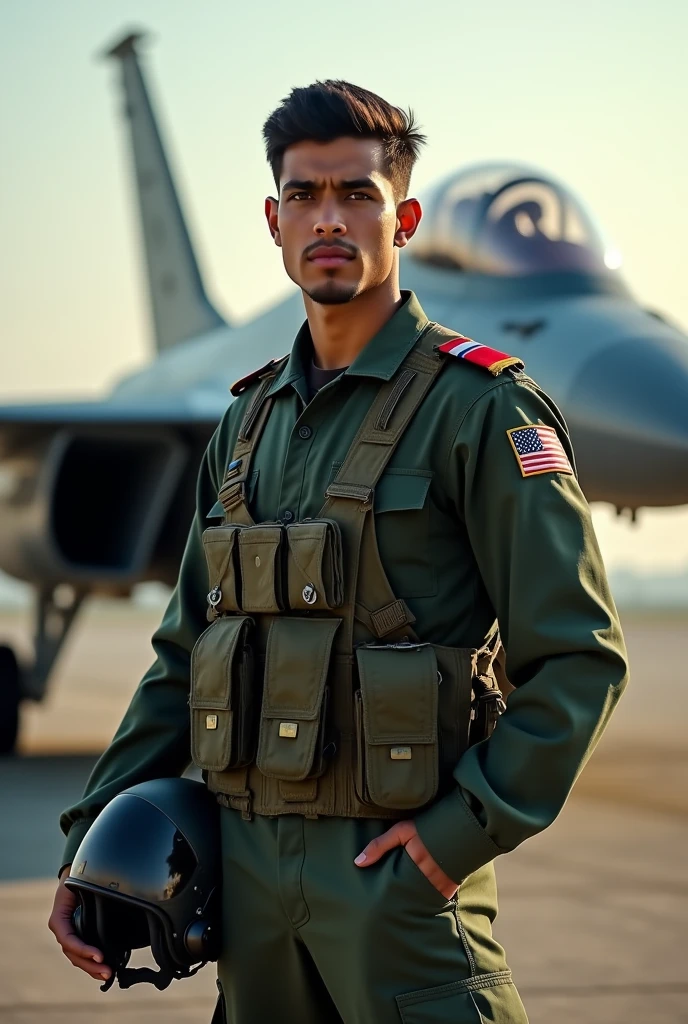 A young handome para commando captain standing on the runway side of the fighter jet is standing adn the soldier has the fighter jet helmet on his right side lap
And "Praful kumar" is written in background.
