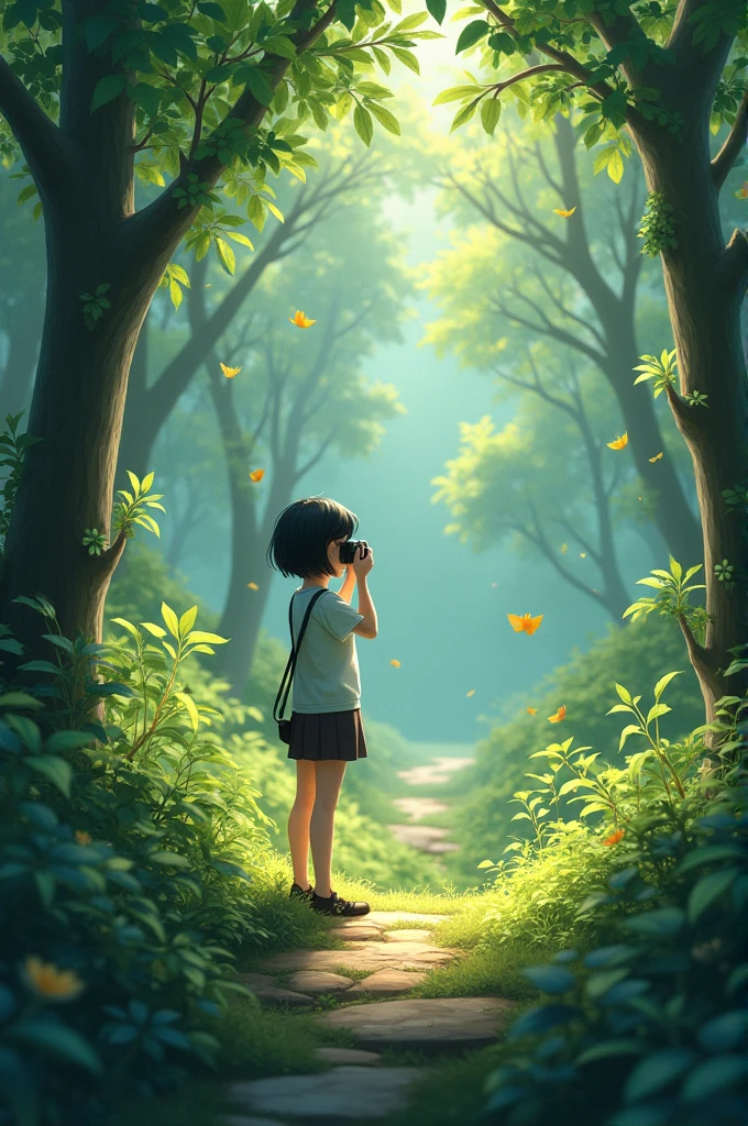 A young girl with short hair isn't showing her face and enjoying in nature alone she has black hair and is alone clicking photos