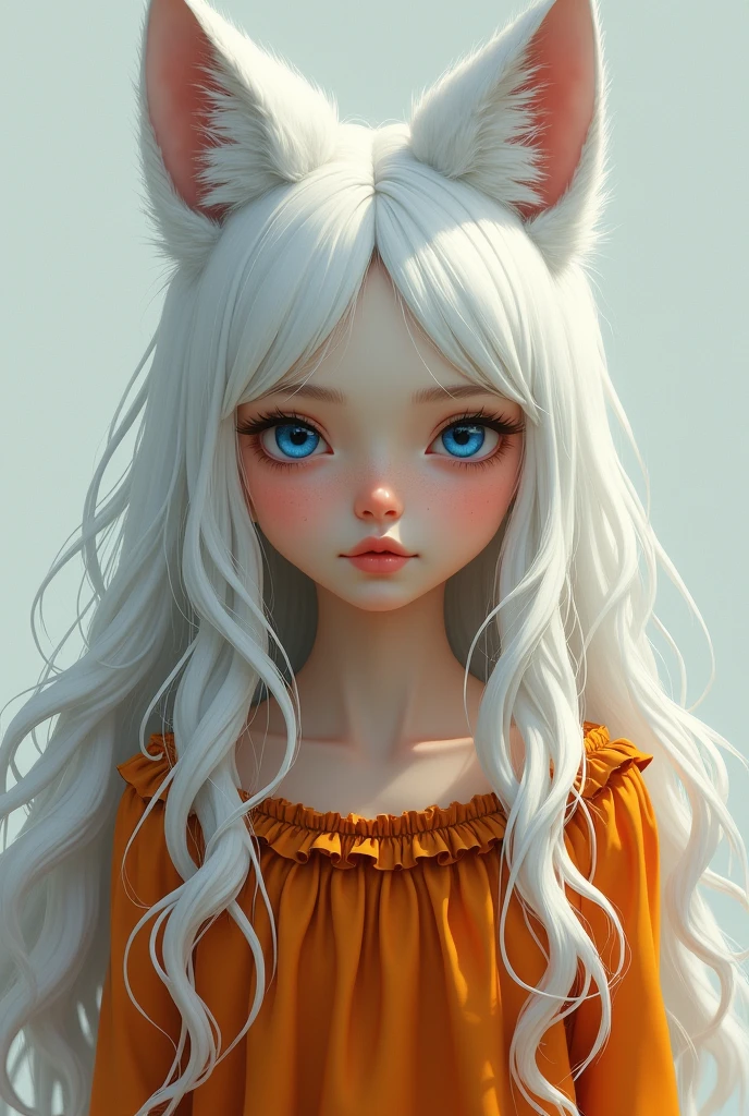 realistic capture of a girl with Canadian features with white hair and white fox ears, one blue eye and one brown eye
with a simple orange dress with brown frills