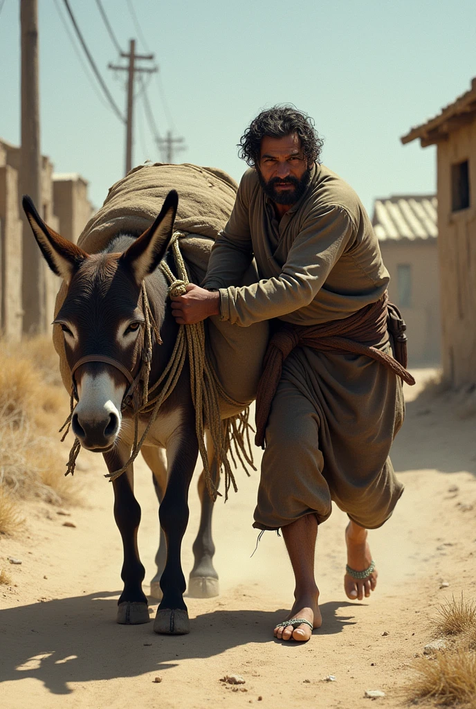 The weak donkey is now burdened with a heavy load of bags and baskets, struggling to stand. The cruel owner, a rugged man in worn-out clothes, is harshly pulling the donkey's rope. The same dusty road and small house are in the background, with the bright sun overhead.