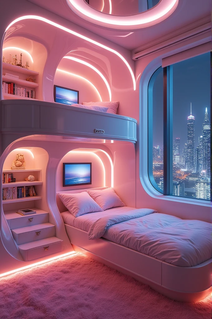 "A cozy, futuristic, double-decker bedroom in a high-rise apartment with large windows showing a nighttime cityscape. The room is bathed in soft, warm pink lighting with LED strips accentuating the curved surfaces and furniture. The upper and lower bunk beds are built into the wall, featuring plush pillows, small televisions, and cubby spaces with books and small decor items. The room has a fluffy pink carpet, and the overall design is sleek with rounded edges, giving it a space pod-like appearance. The walls and steps leading to the upper bunk are glossy, adding to the modern and immersive ambiance."