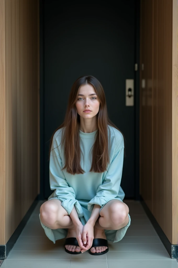 A photograph of a young woman with long, straight brown hair, squatting down in a small, enclosed indoor space, likely an entrance or hallway area. She is wearing a light blue long-sleeved shirt and a light-colored skirt that covers her legs as she squats, her hands gently resting on her knees. The woman is looking directly at the camera with a calm and composed expression. She is wearing black open-toe sandals, and the tiled floor beneath her is light-colored, reflecting some of the ambient light. The background features a dark door and wooden paneling on the walls, suggesting a modern, minimalistic interior design. The overall atmosphere is quiet and intimate, with soft lighting that highlights the woman’s features and her relaxed posture