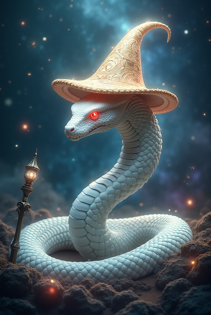 a white snake with a wizard's hat, surrounded by magical symbols, hat, witch's hat, no people, animal focus, animal, magic circle, staff, black border, belt, red eyes, ultra-realistic, hyper-detailed, 32k uhd,hyper-detailed,ultra-realistic, 8k,(Background Universe and Galaxy) (Background Magic Galaxy and Magic Universe, A lot of stars in the sky dark)  Divine Serpent