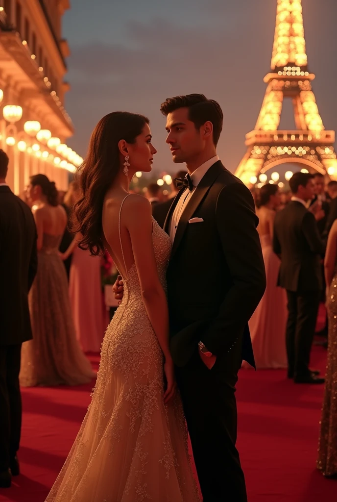 JennieRubyJane and Nicholas Galitzine at an evening gala with the Eiffel Tower in the background