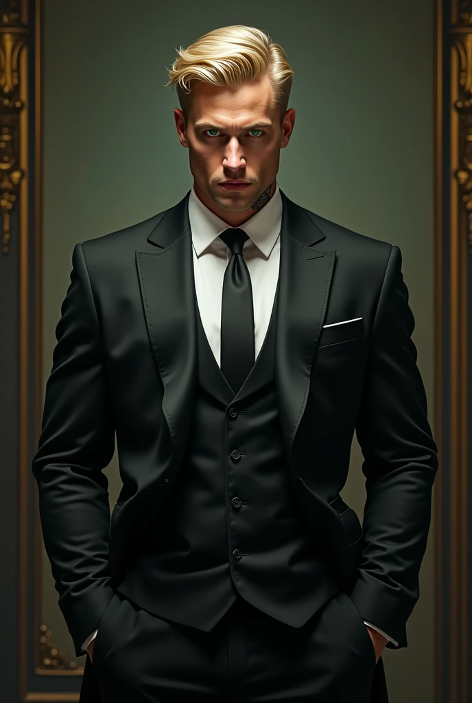 a white man, high, elegant, with muscles,vestido de traje elegant, with tattoos on arms , green eyes, short blonde hair, with a bad face