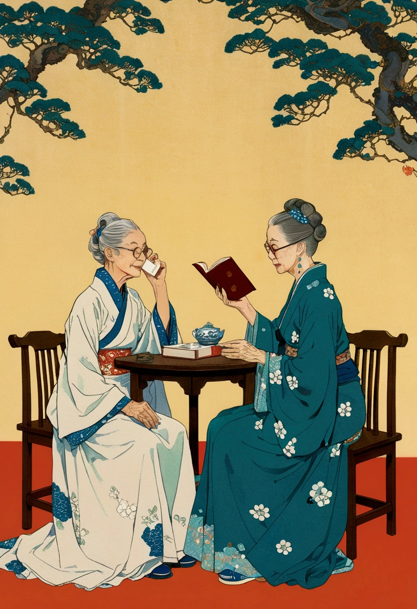 illustration of two elderly women sitting at a table with a book, a storybook illustration by Jin Nong, tumblr, Cloisonnism, full color illustration, Norman Rockwell and James Jean, norman rockwell akihiko yoshida, No gradient, Japanese illustrator, a beautiful artwork illustration, The Artistic Style of Ukiyo-e, Two old people, illustration!