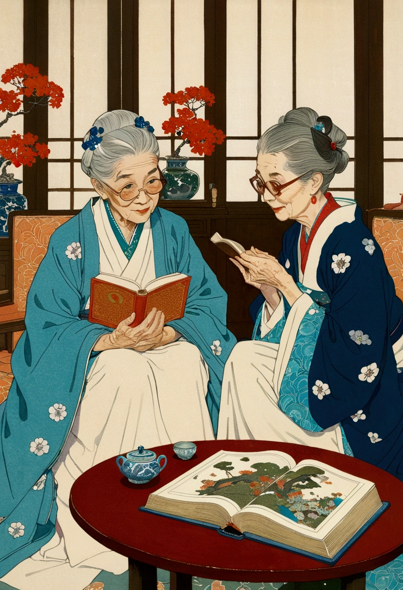 illustration of two elderly women sitting at a table with a book, a storybook illustration by Jin Nong, tumblr, Cloisonnism, full color illustration, Norman Rockwell and James Jean, norman rockwell akihiko yoshida, No gradient, Japanese illustrator, a beautiful artwork illustration, The Artistic Style of Ukiyo-e, Two old people, illustration!