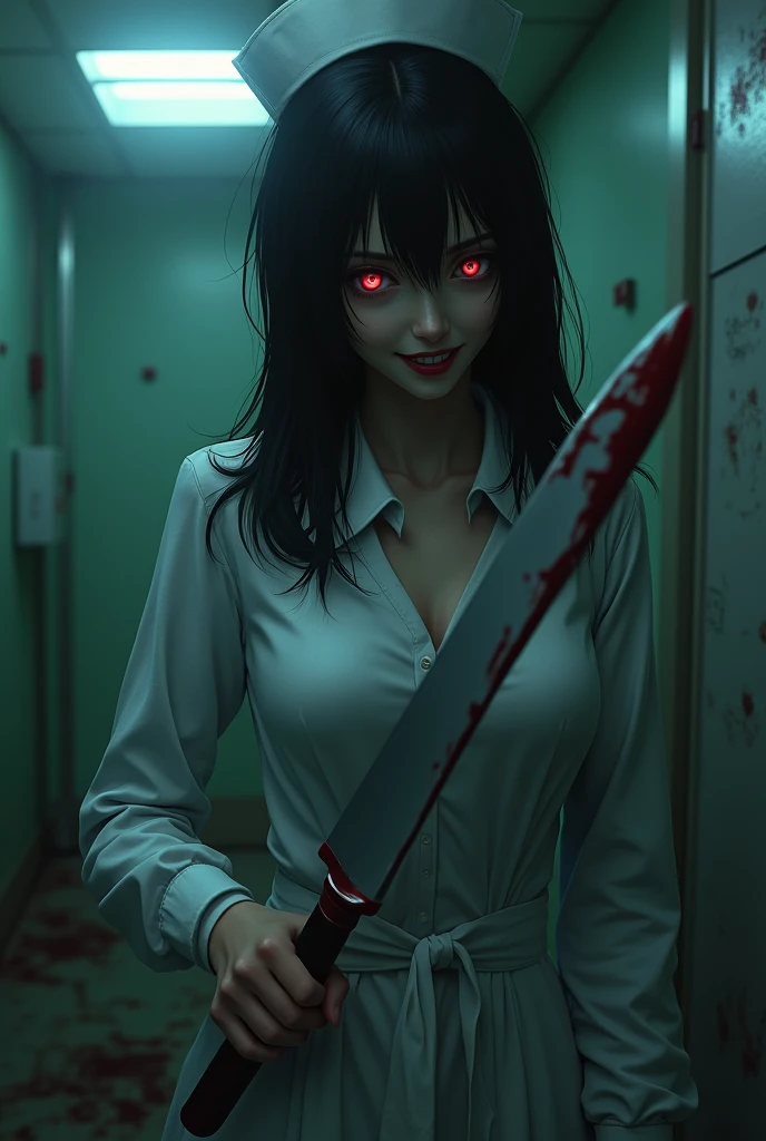 Best quality,1 Girl，(20 years old,Black hair,Dark Nurse,Nurse Clothing),Eyes sparkling,(Holding a bloody knife),(Evil smile:1.3),whole body, Sexy body,White skin,Pale skin,Chest,(whole body:1.3),(crazy:1.3), (Destroyed hospital,Electric Spark,(Very dark:1.5),dirty, Messed up,(In the operating room:1.3),night),(Dynamic Angle:1.8),Dynamic poses,Long Shot,landscape,[fear:2.0],Dynamic Angle
