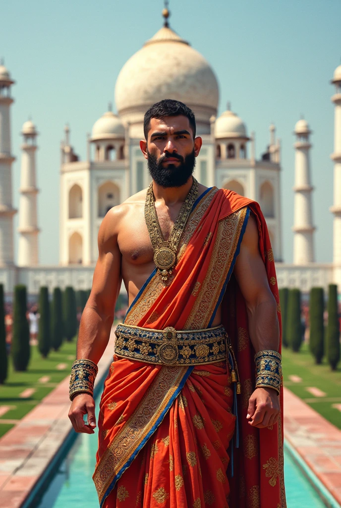 Khabib Nurmagomedov wearing traditional Indian clothing, standing in front of the Taj Mahal