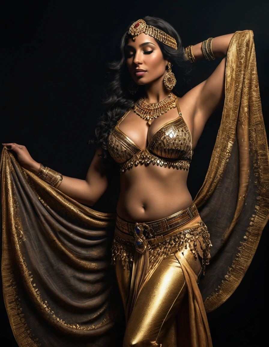 A stunningly realistic 35-year-old Egyptian woman, her voluptuous form basking in the soft glow of the single source of light piercing the darkness of the black room. Her skin, kissed by the relentless sun of the desert, emanates a warm, golden hue that stands in stark contrast to the stark blackness surrounding her. She is semi-nude, with only a whisper of fabric draped across her ample curves, hinting at the richness of her heritage. Her eyes, lined with kohl, sparkle with a fierce intensity that echoes the ancient queens of her homeland. The light kisses the soft swells of her breasts, the fabric clinging to her hips as if painted on, revealing the intricate tapestry of a belly dance belt adorned with gold and jewels. Her hair, a dark waterfall, cascades down her back, blending into the shadows of the room. The high quality of the image captures every detail, from the curve of her full lips to the definition of her muscular thighs, celebrating the beauty of a mature woman in her prime. The scene is intimate and powerful, a testament to the enduring allure of a woman who has lived a life filled with passion and wisdom.