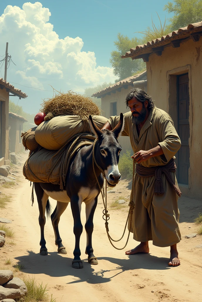 The weak donkey is now burdened with a heavy load of bags and baskets, struggling to stand. The cruel owner, a rugged man in worn-out clothes, is harshly pulling the donkey's rope. The same dusty road and small house are in the background, with the bright sun overhead.