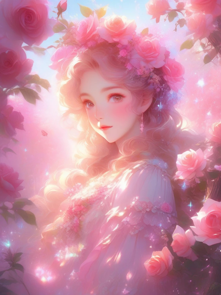 wallpaper hd, Flower art, Rose, Blooms in spring, Photo, kawaii, cute anime, Girl, Light magenta and light crimson style, angura kei, sparkling water reflections, Rococo portrait, ethereal trees, Univalent, les nabis,serenidade,Dreamy,16K Simple background