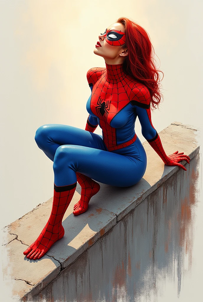 Full body, long shot, wide angle, colored pencil sketch. Humberto Ramos and Ross Tran. Top view. Spider-Woman sitting on a wall. She looks up at the sky. Volume. Perfect dynamic composition. Beautiful. Bodybuilding athlete figure. Beautiful muscles. Sexy. Provocative. Masterpiece. Anatomically correct presentation. Warm colors. Top view. View from above.