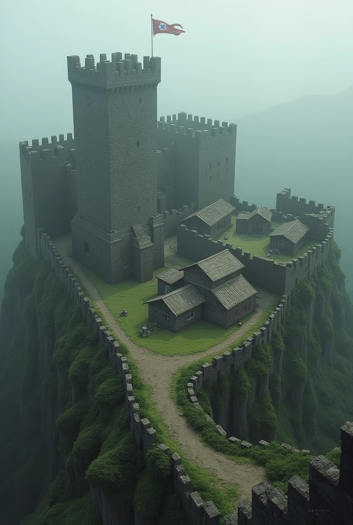 Create me a village that is protected by a big wall and guarded by people and the village is pretty simple build in the midle of nowhere coverd in foog