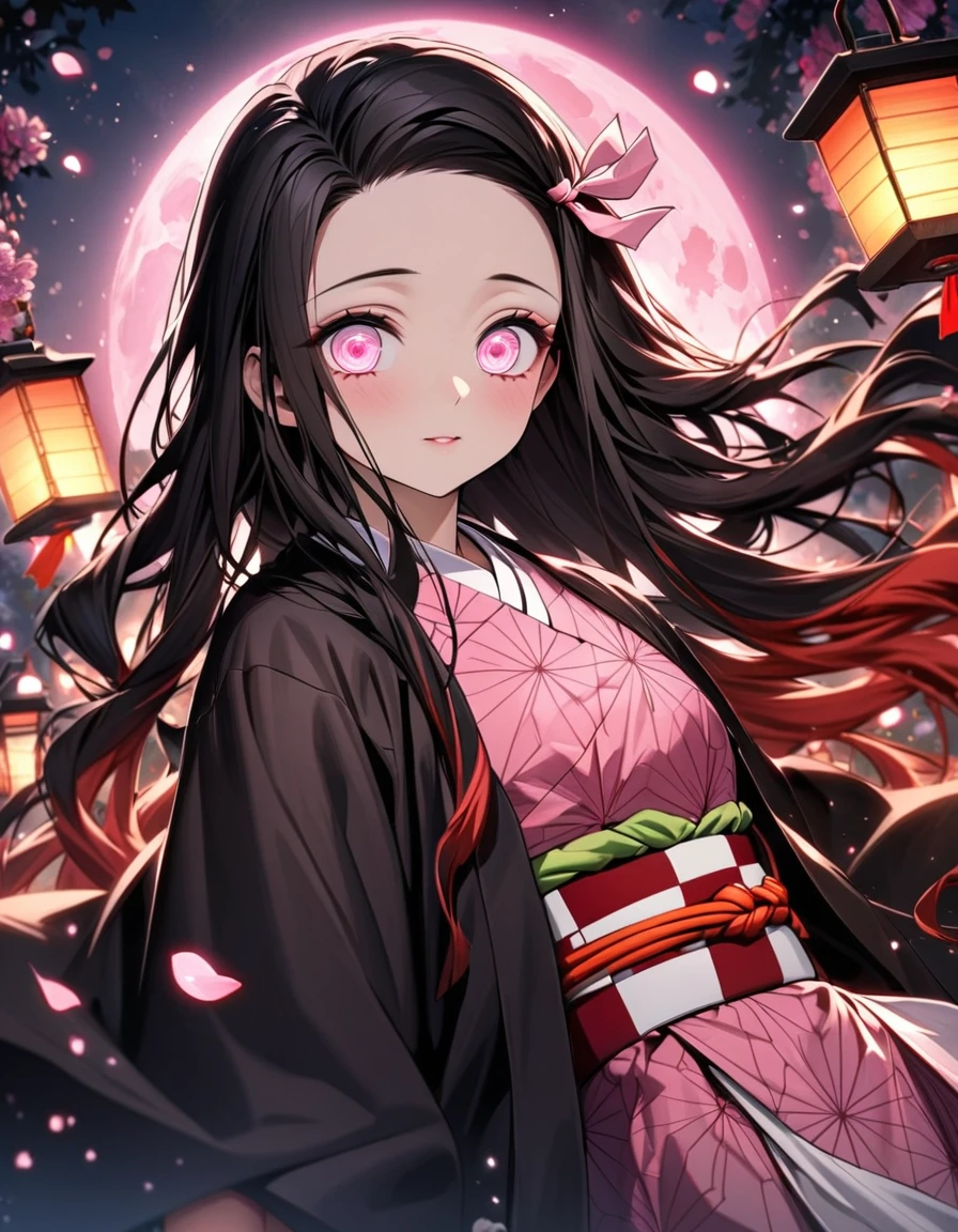 Ultra detailed, highres, absurdres, HDR, Kamado Nezuko, black long hair, pink expressive eyes, Kimetsu No Yaiba, pink flowers, petals, fireflies, lanterns, pink moon, woman, extremely beautiful, very detailed face and eyes, pink kimono, black haori, solo