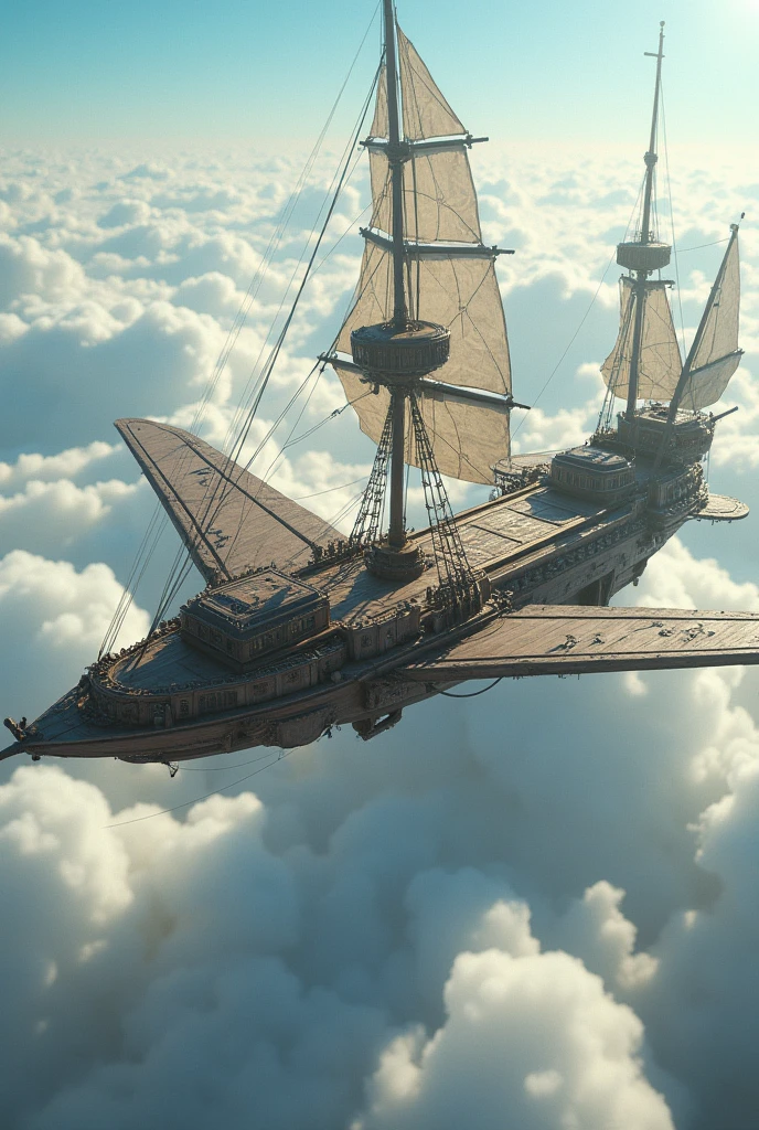 The ship should have a classic, wooden design similar to an old sailing vessel, but with large, elegant wings attached to its sides. The wings might resemble those of a bird, with feathers that appear strong and capable of flight.The ship should be seen floating gracefully among the clouds, as if effortlessly gliding through the sky.