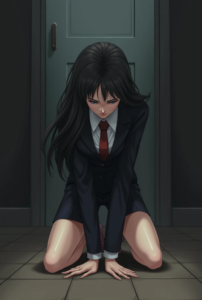 Prostration, forehead on the floor, secretary suit, beautiful legs